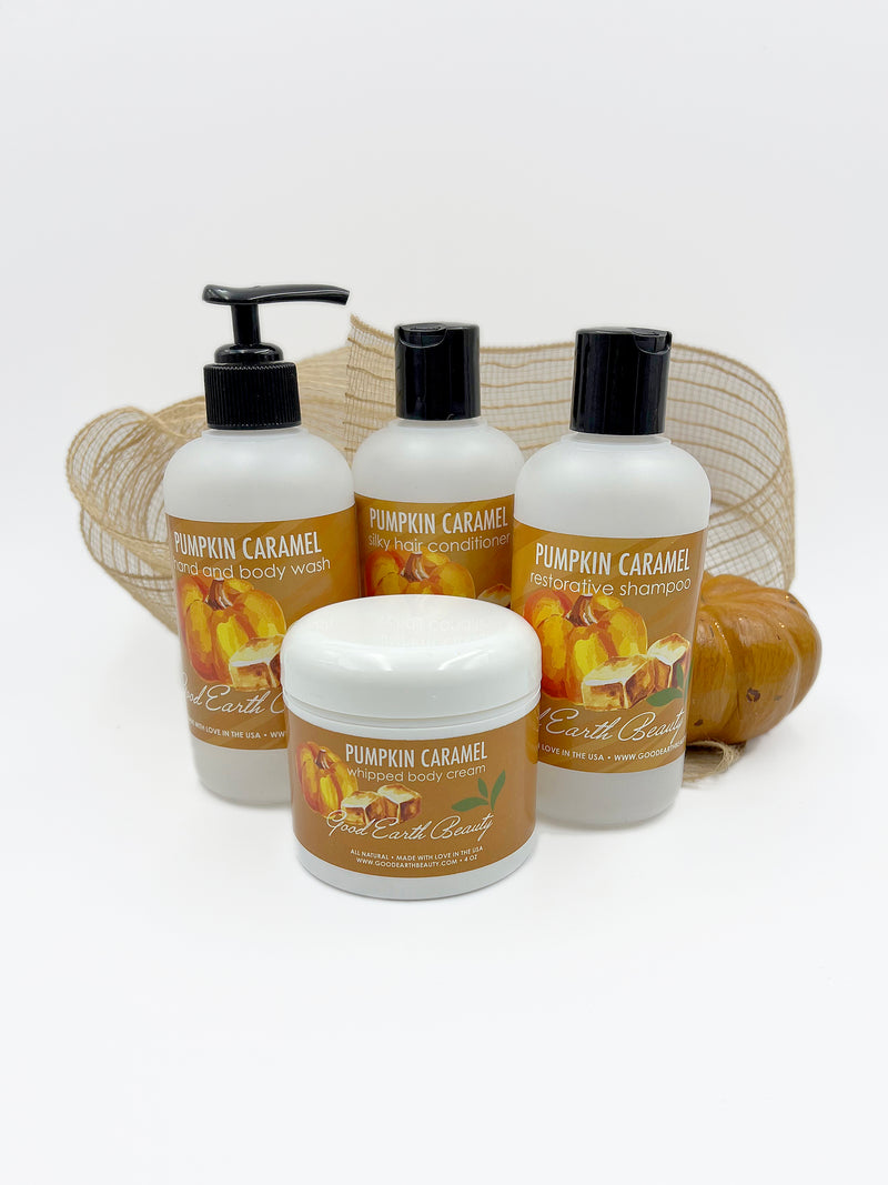 Pumpkin Caramel Gift Set - Conditioner, Shampoo, Body Cream and Body Wash - Great for Autumn- Good Earth Beauty