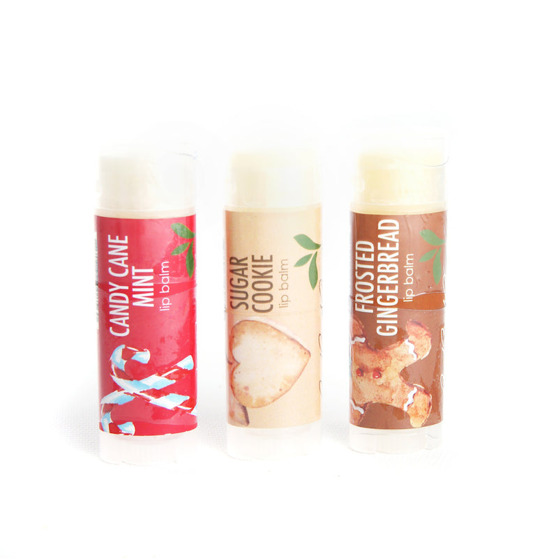 Gift New Vegan Lip Balms Set 3 Candy Cane, Sugar Cookie Frosted Gingerbread