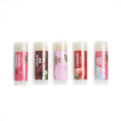 New Lip Balm Natural Vegan set of 5 Strawberry Margarita, Chocolate, Bubble Gum, Strawberry, Candy Hearts