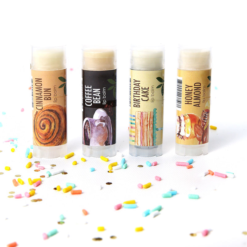 New Lip Balm Natural Vegan set 4 Coffee Bean, Cinnamon Bun, Birthday Cake, Honey Almond