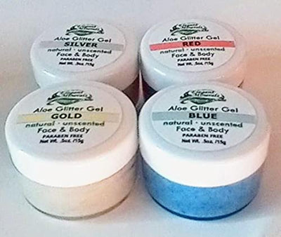 Elegant Minerals Natural Unscented Aloe Glitter Gel - Set of 4 - Silver Blue Red & Gold