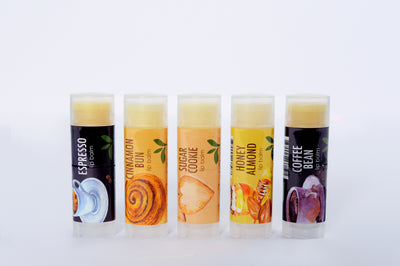 New Lip Balm Natural Vegan set of 5 Espresso, Coffee Bean, Cinnamon Bun, Sugar Cookie, Almond Honey