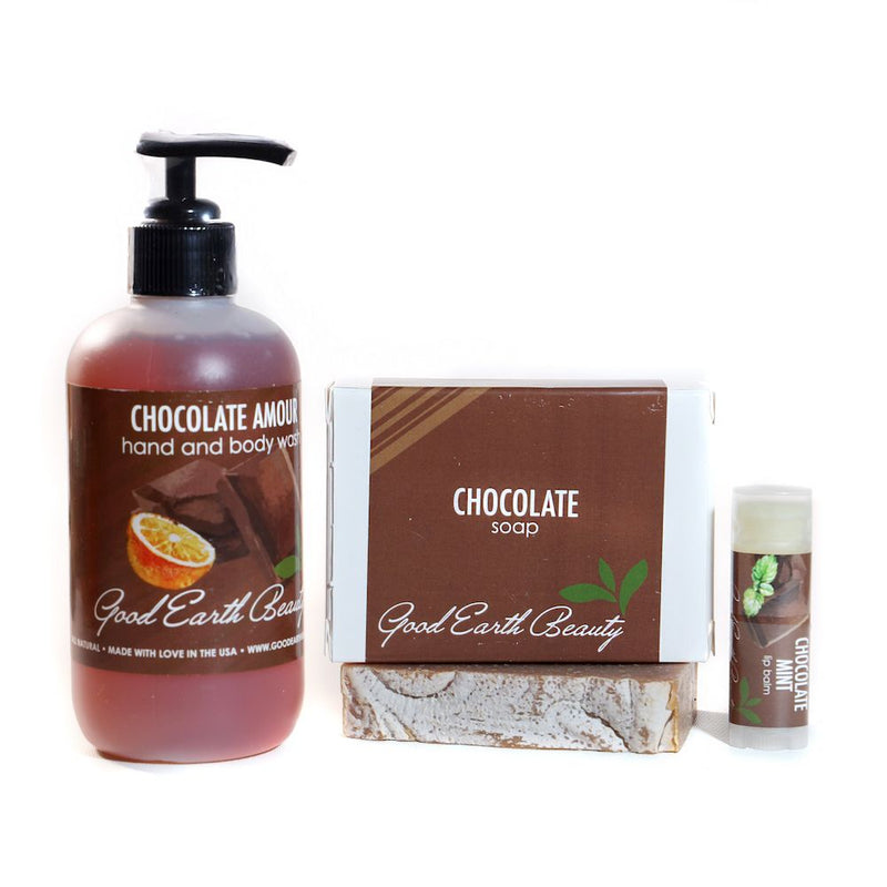 New Chocolate Gift Set - Lip Balm, Hand/Body Wash, Bar Soap Good Earth Beauty